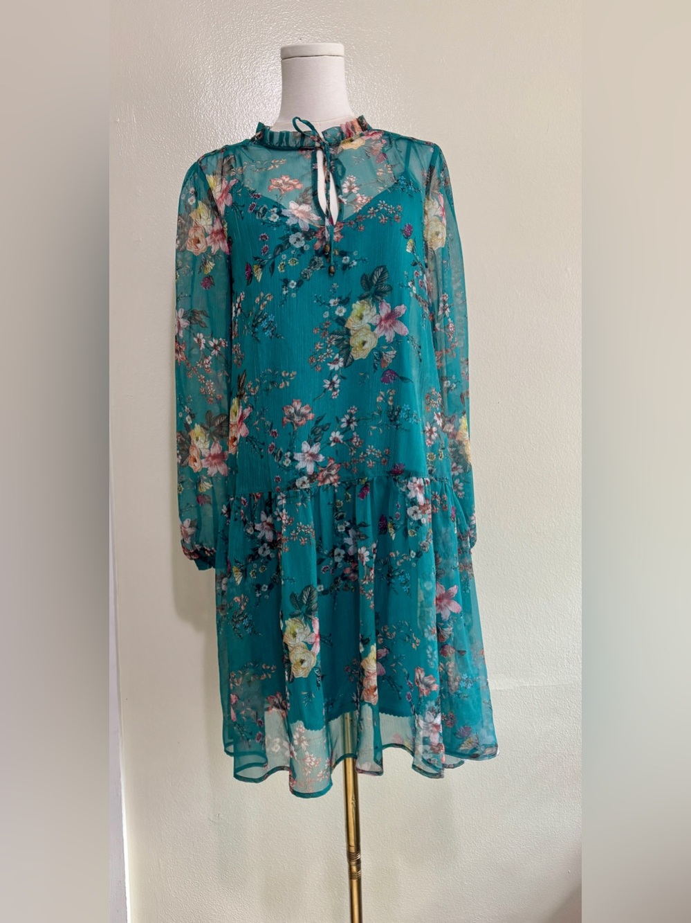Maeve Teal Floral Tie-Neck Long-Sleeve Dress